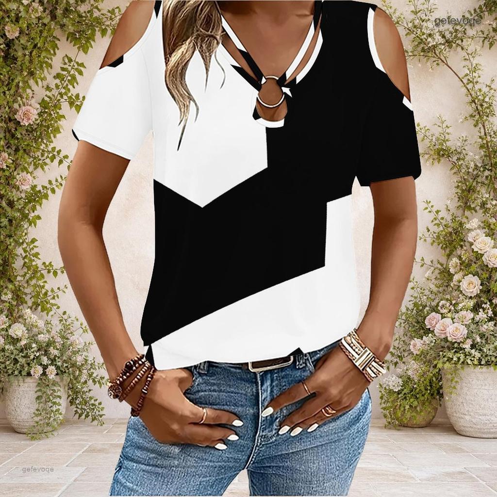 Women Plus Size Keyhole Ring Neck Cold Shoulder Short Sleeve T Shirt Skull Rose Printed Cyan Black