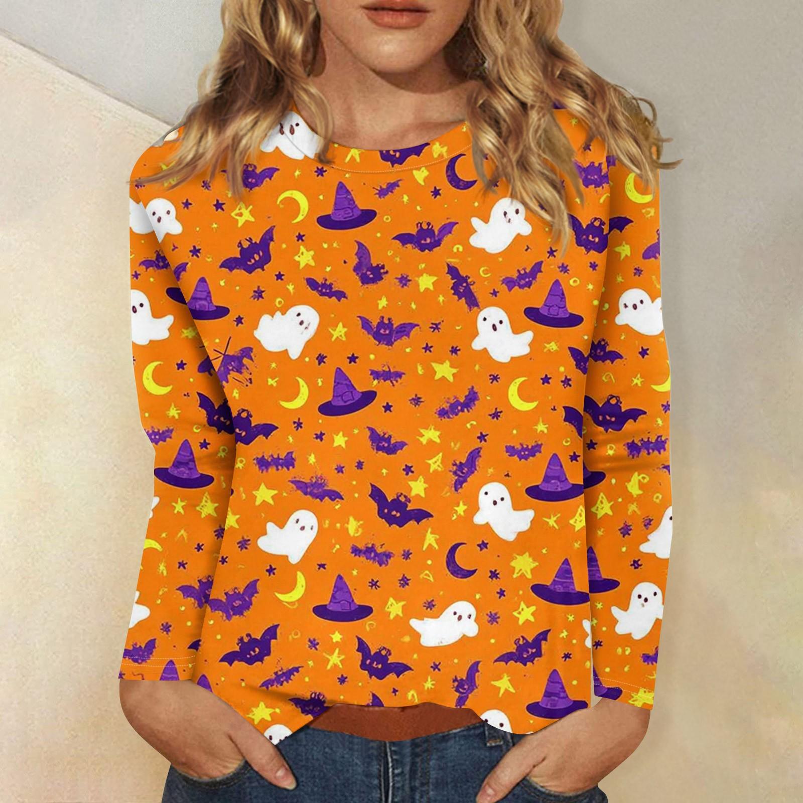 

Женская мода, повседневный пуловер с длинными рукавами и круглым вырезом с принтом на Хэллоуин XXL шафрановый