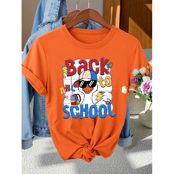 Back-to-School Season Fashionable and elegant style BACK TO SCHOOL Patterned Print Round Neck Short Sleeve T Women's shirts for spring
