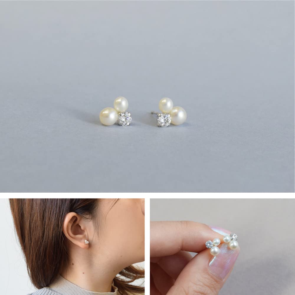 14k Akoya Pearl Cubic Zirconia Earrings 14k K14 White Gold Pearl June Birthstone Sa212 [Four-leaf Clover] Women's