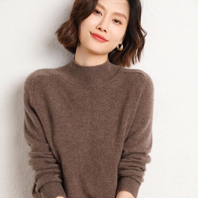 Women's 100% Wool Thickened Saddle Shoulder Sweater – Soft and Warm Half-High Neck Knitwear for Autumn and Winter