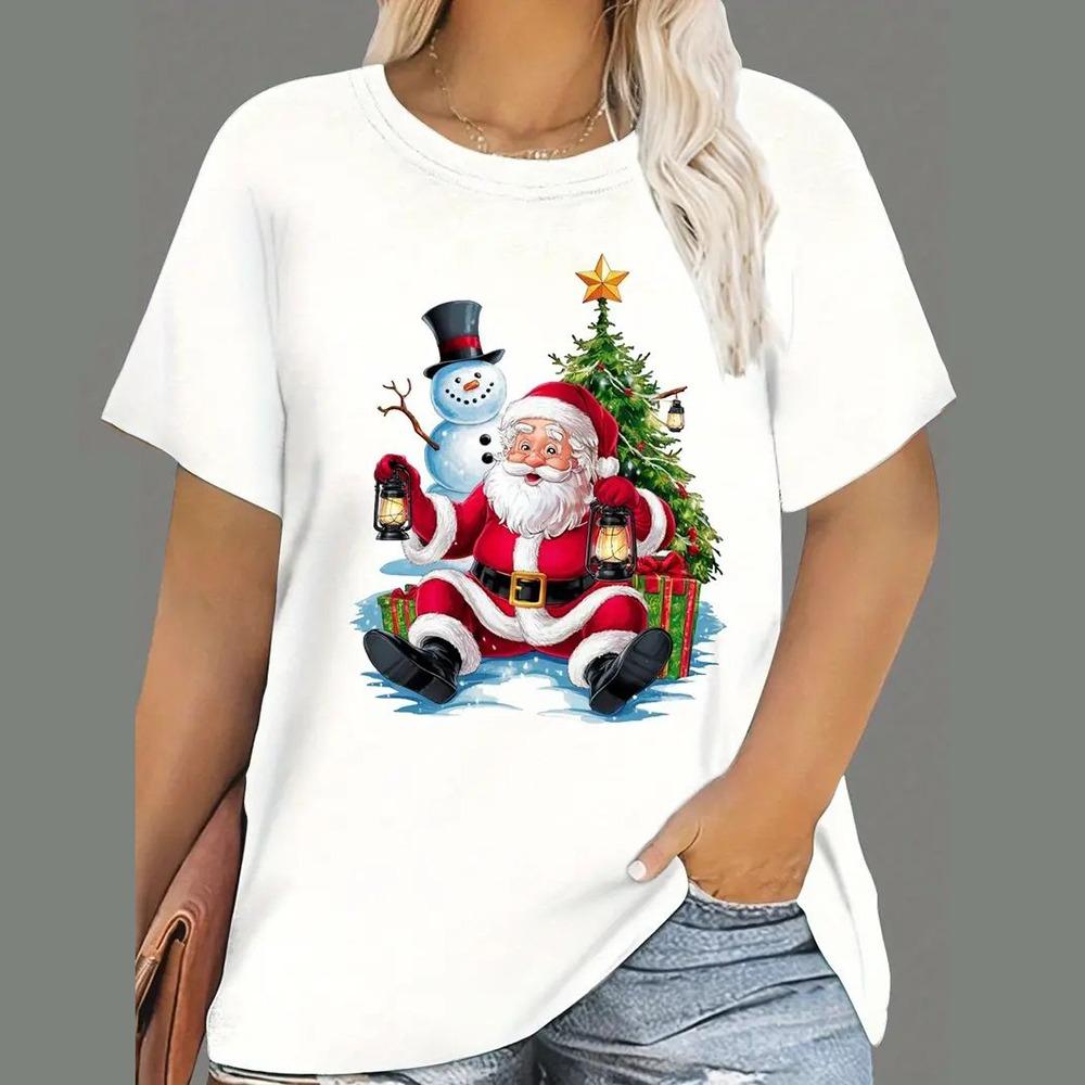 Women's Christmas T-shirt, cartoon Santa Claus print, short-sleeve, round-neck, casual party loose top
