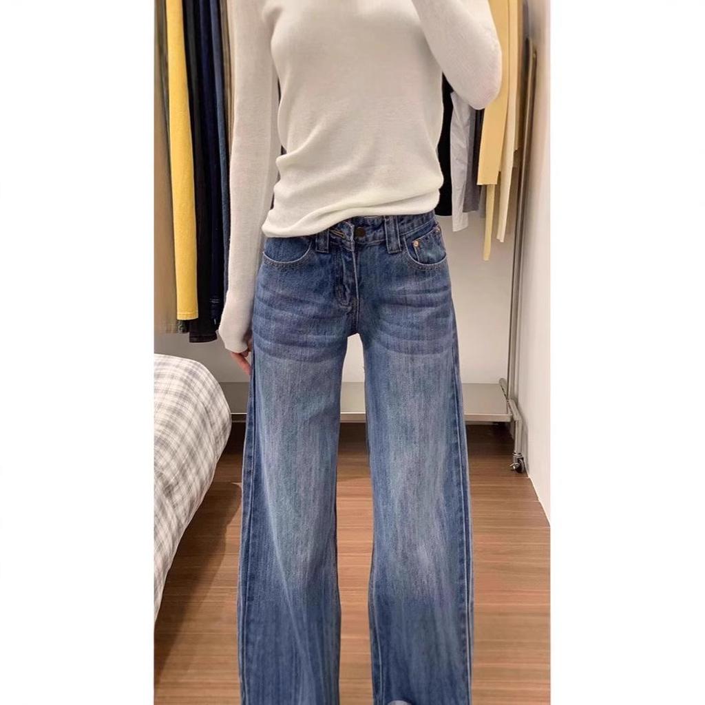 Jeans Dritti a Vita Media Lavati Retro da Donna - Estivi Loose Fit, Modellanti, Pantaloni a Gamba Larga Lunghi fino a Terra