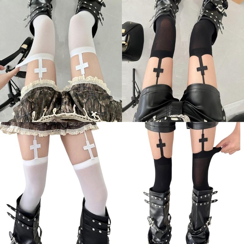 Gothic Crosses Suspender Tights Thigh High Stockings For Women Dark Aesthetic Garter Belt Pantyhose Legwear Party Wear