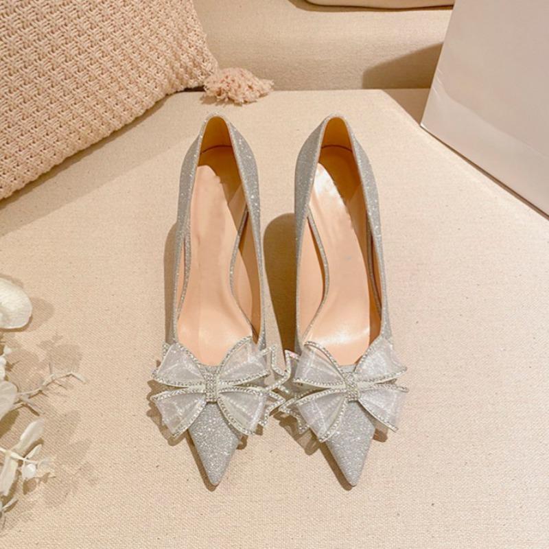 Spring and summer new champagne bow high heels women's pointed head shallow mouth crystal stiletto bridal wedding shoes