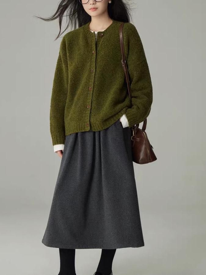 Women's Retro Avocado Green Knit Cardigan – Soft, Loose, Thick, Round Neck Sweater Coat for Autumn/Winter