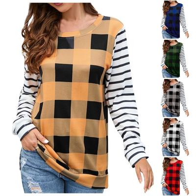 Women's Fashion Casual Plaid Plush Round Neck Long Sleeve T-Shirt Top