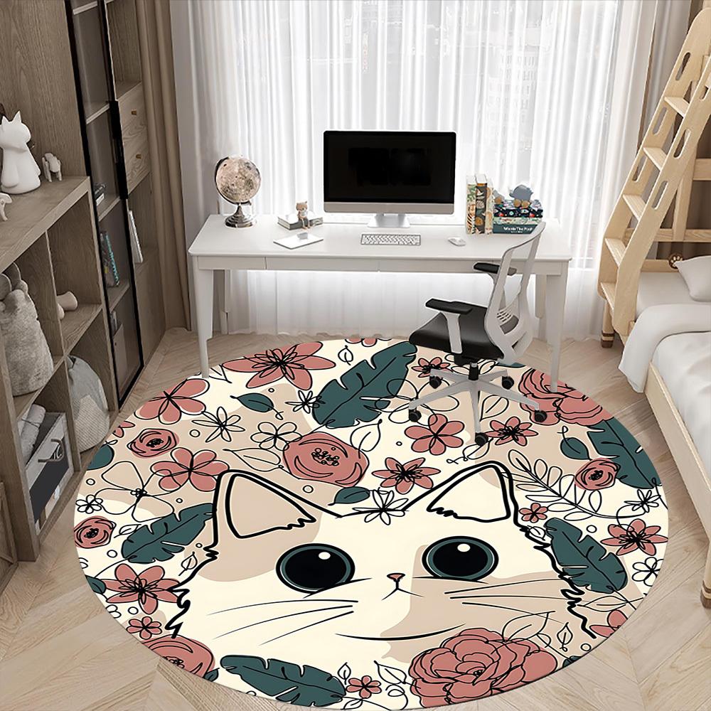 1pc Floral Cat Office Round Area Rug, Indoor Mat Suitable ForOffice, Under Office Chairs Bedroom Living Room Home Decor, Room Deco, D073