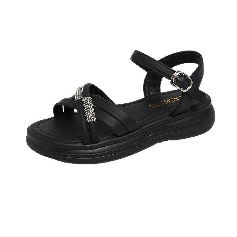 Open-toed Thick-soled Cool Slippers for Women, Summer New Thick-soled Temperament Rhinestone Beach One-word Buckle Sandals for Women