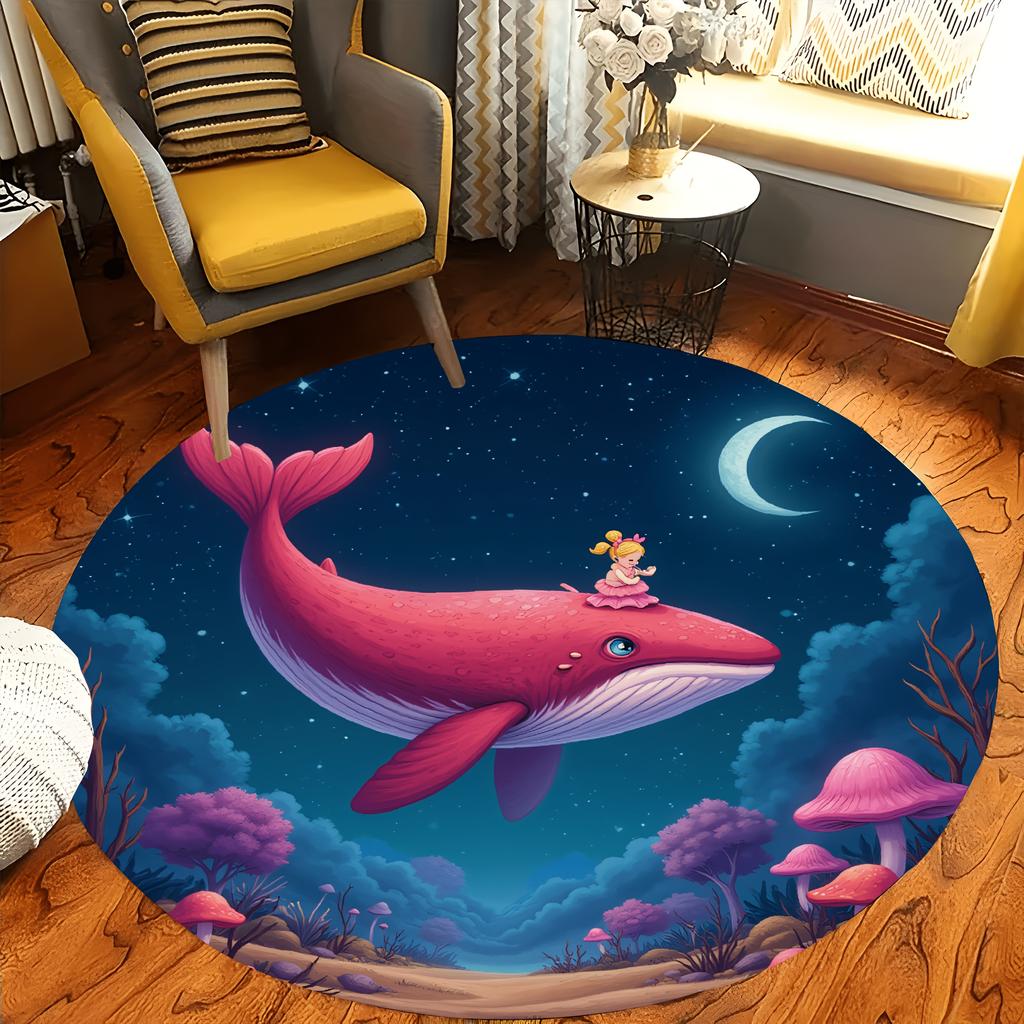 Whale Girl Fantasy Round Rug Dreamy Night Sky Flannel Floor Mat for Kids Bedroom Storybook Theme Magical Non Slip WashableCarpet