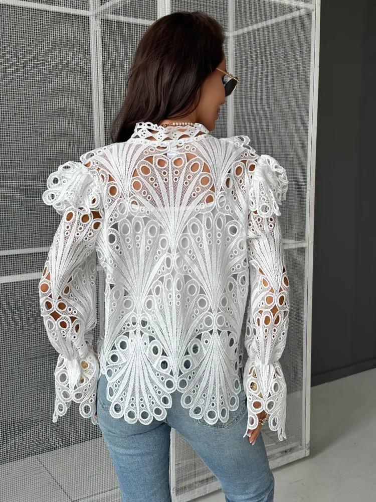 Retro Shirt For Women, Design Sense, Hollow Ruffled Long Sleeves, Temperament, Fashionable Stand Collar Shirt