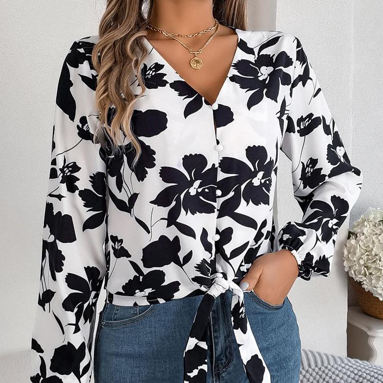 Women V-Neck Long Sleeve Blouse Stylish Print Shirt for Spring Autumn Season