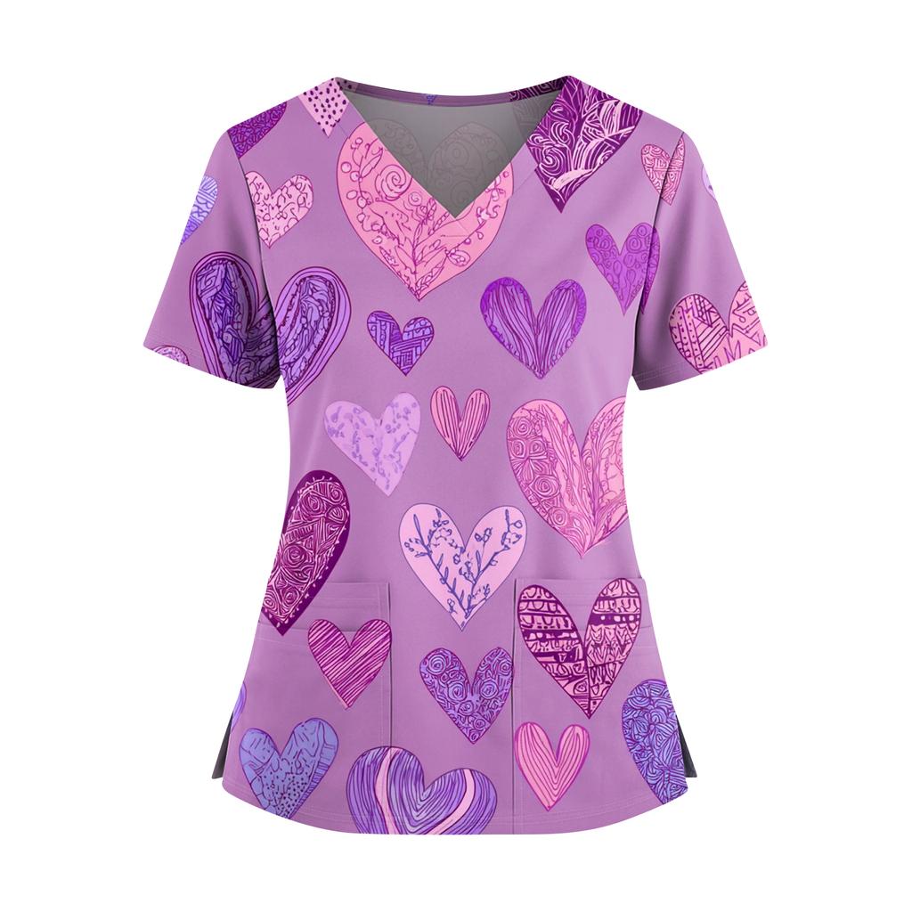 Women's Valentine's Day  Printed V-Neck Double Pocket Short Sleeves Hem Slit  Uniform Caregiver Top