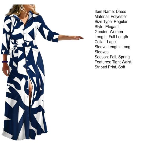 Women Spring Fall Dress Lace Up Tight Waist Striped Print Lapel Long