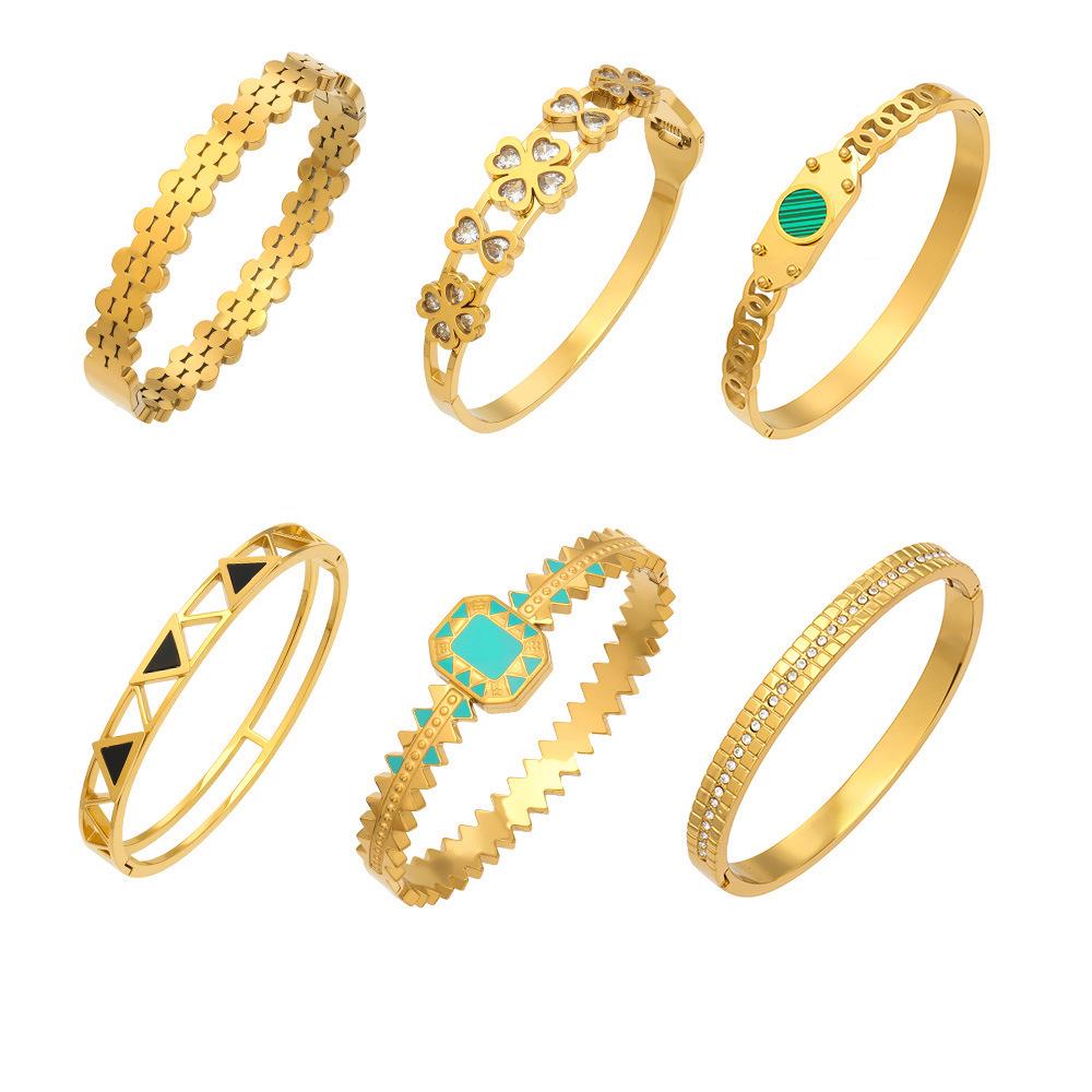 European and American Style Geometric Enamel Buckle and Zircon Flower Stainless Steel Bracelet Set