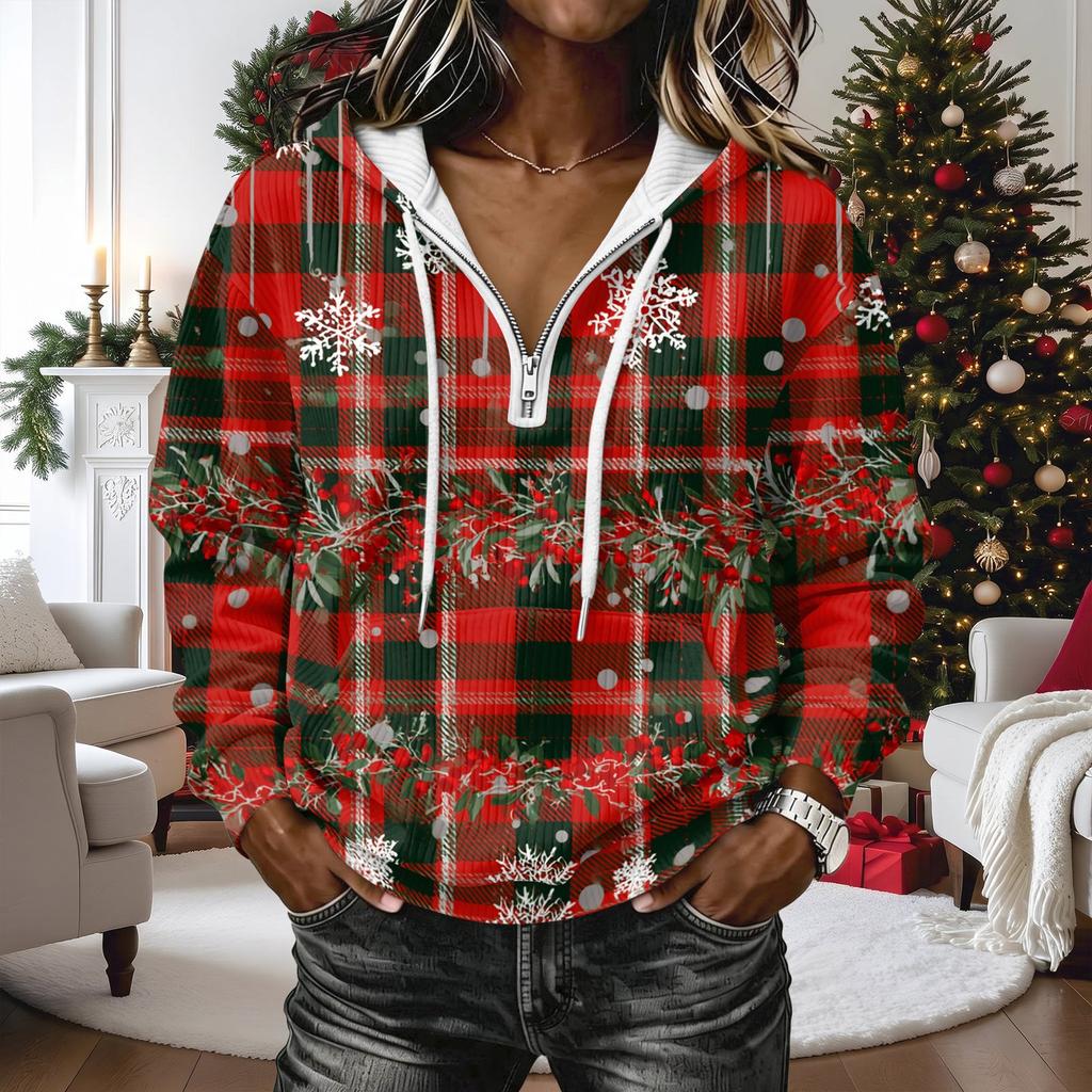 Women's Fashion Christmas Print Long Sleeve Hooded Pullover Sweatshirt Top
