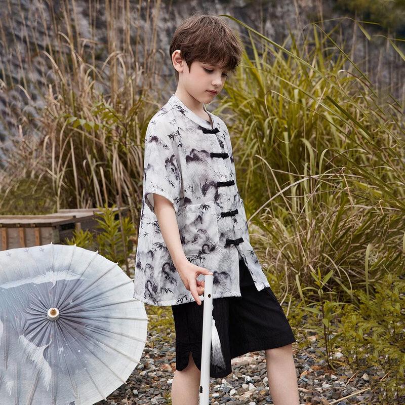 ABC KIDS Boys' Traditional Chinese Style Pankou Bamboo Leaf Print Summer Short Set