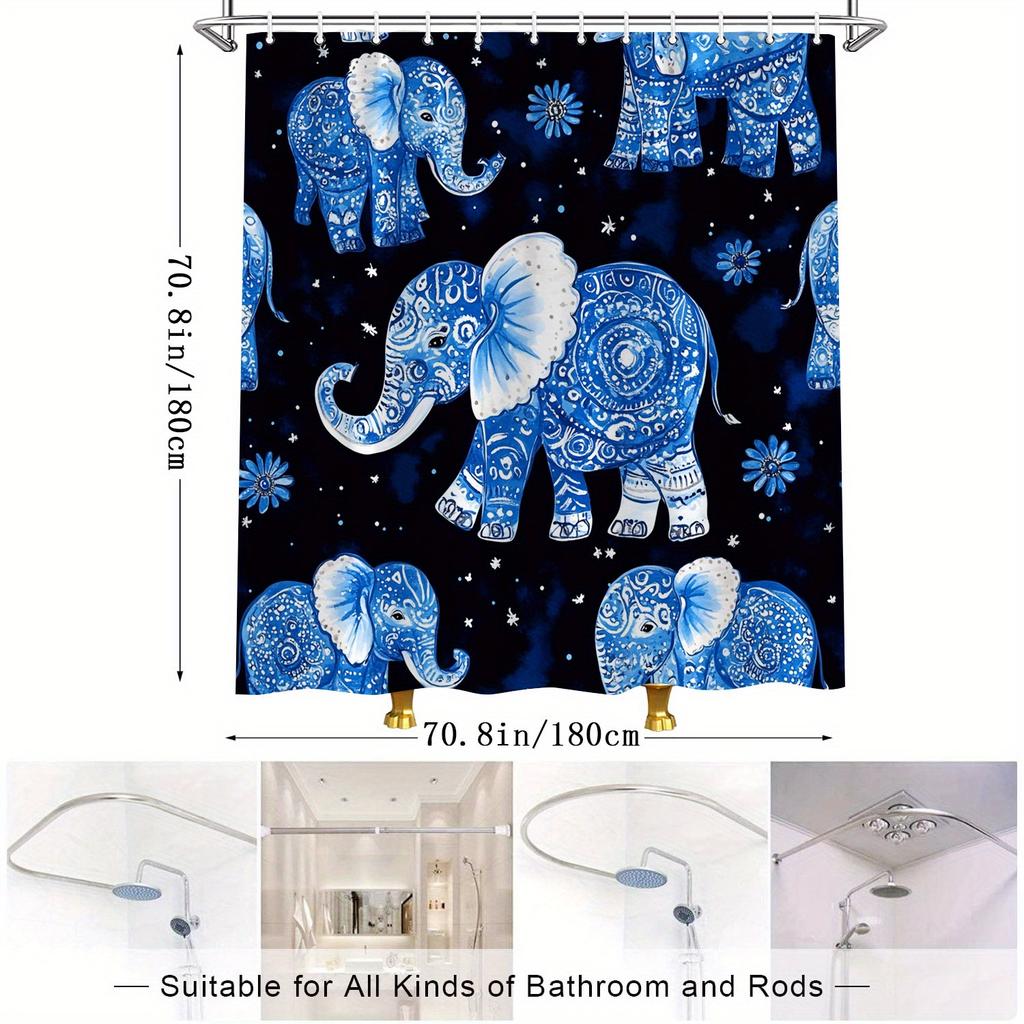 1Pc Whimsical Blue And White Mandala Elephants Shower Curtain With Starry Night Sky Design, Ornate 12-Hook Set, 70.8X70.8 Inches