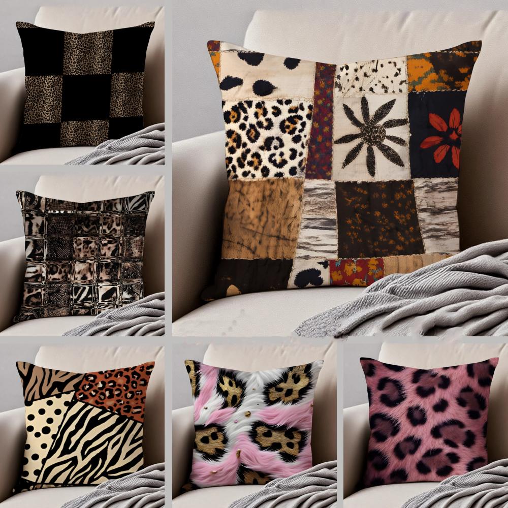 PPatchwork Fragmented Leopard Print Cushion Cover Throw Pillow Cover Hidden Button Durable Polyester Chair Cushion