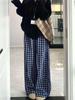 Women's Retro Blue Plaid High Waist Wide Leg Pants - Loose, Floor-Length, 145 Petite Style