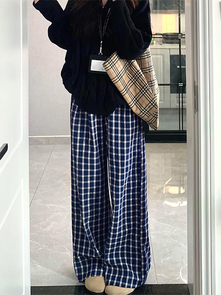Women's Retro Blue Plaid High Waist Wide Leg Pants - Loose, Floor-Length, 145 Petite Style