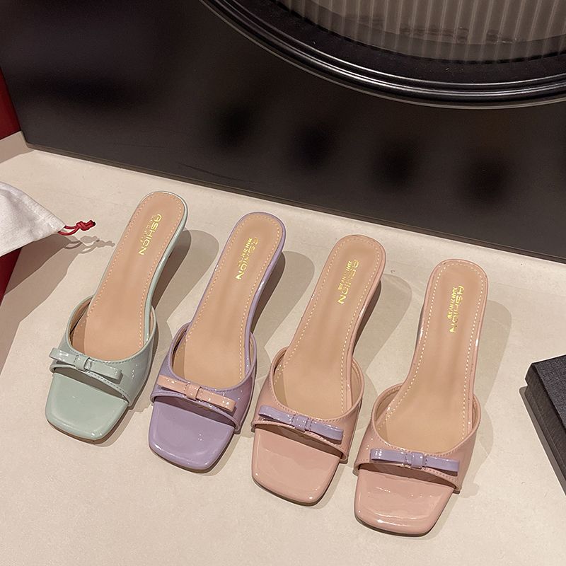 Elegant Slippers Women Shoes Woman Bow Knot Leather Solid Color Peep Toe Thin Heels Ladies Outdoor Shoes