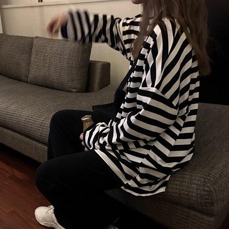 Autumn Striped Loose Long Sleeved T-shirt for Women
