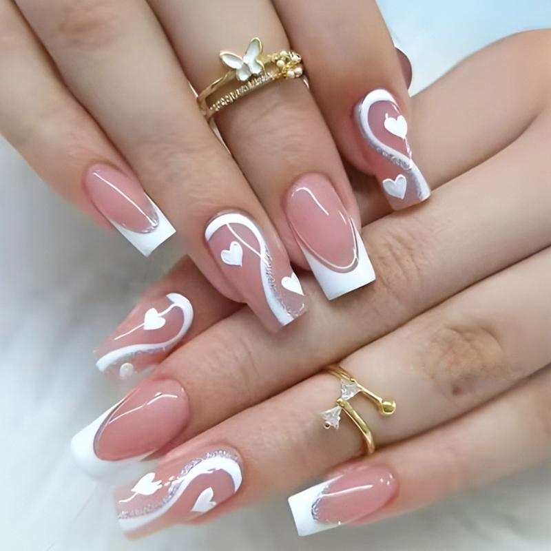

24 Pcs Valentines Day Press On Nail Medium Square False Nail Lovely Heart Stick on Nail French Tip Acrylic Nail 1