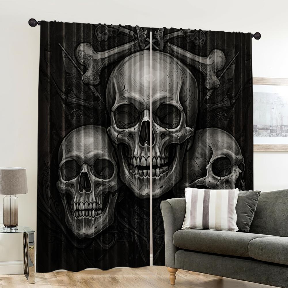 2pcs, 2D flat Window Treatment Curtains Gothic Triple Skull Versatile Polyester,Without Electricity Family Party Decoration