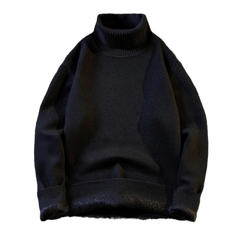 Men's Trendy High Neck Plus Velvet Sweater: Autumn/Winter Solid Color Knit Pullover