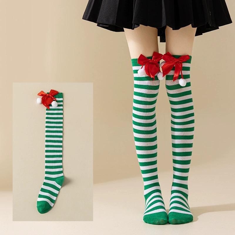 New Butterfly Knot Christmas Ball Socks Over Knee Sock Women's European and American Festival Christmas Striped Long Socks