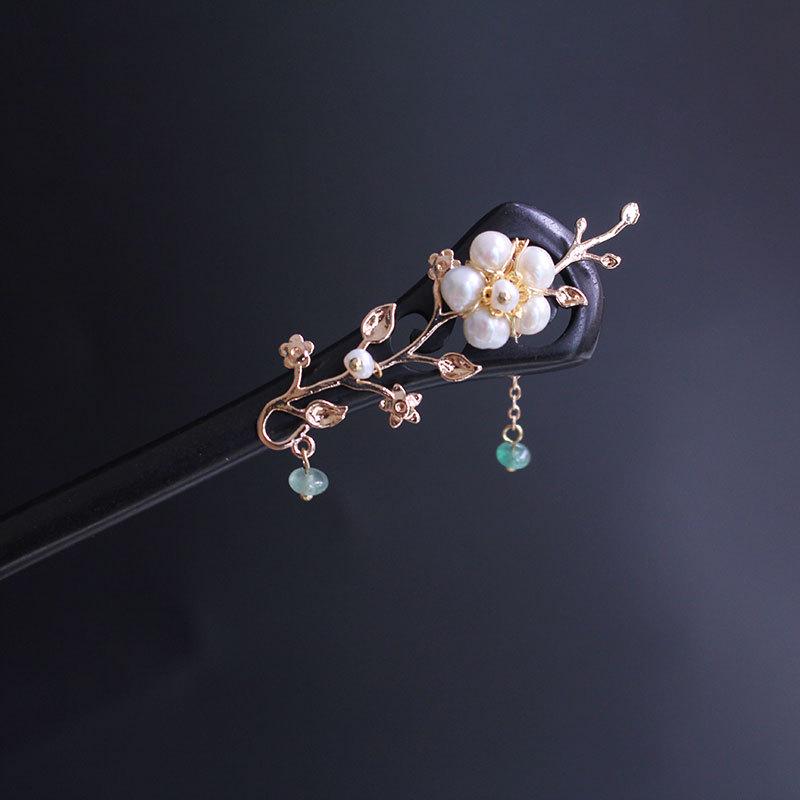 Freshwater Pearl Hair Bun - Chinese Style Hanfu Qipao Ebony Hairpin with Floral Headdress Accessories New Chinese Style жемчужный