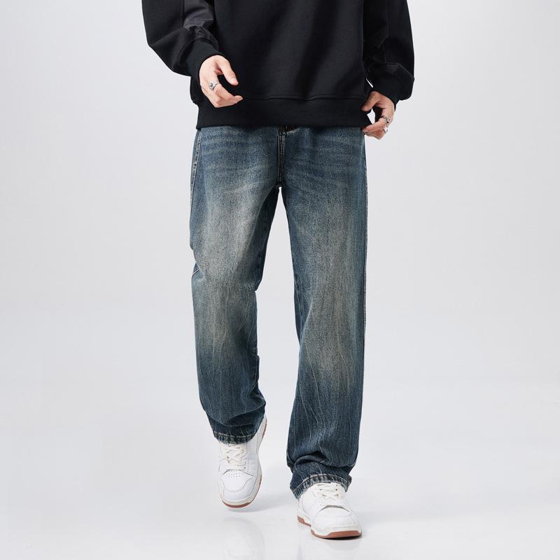 American high street washed jeans men's versatile vie style loose straight trousers trendy wide-leg trousers denim