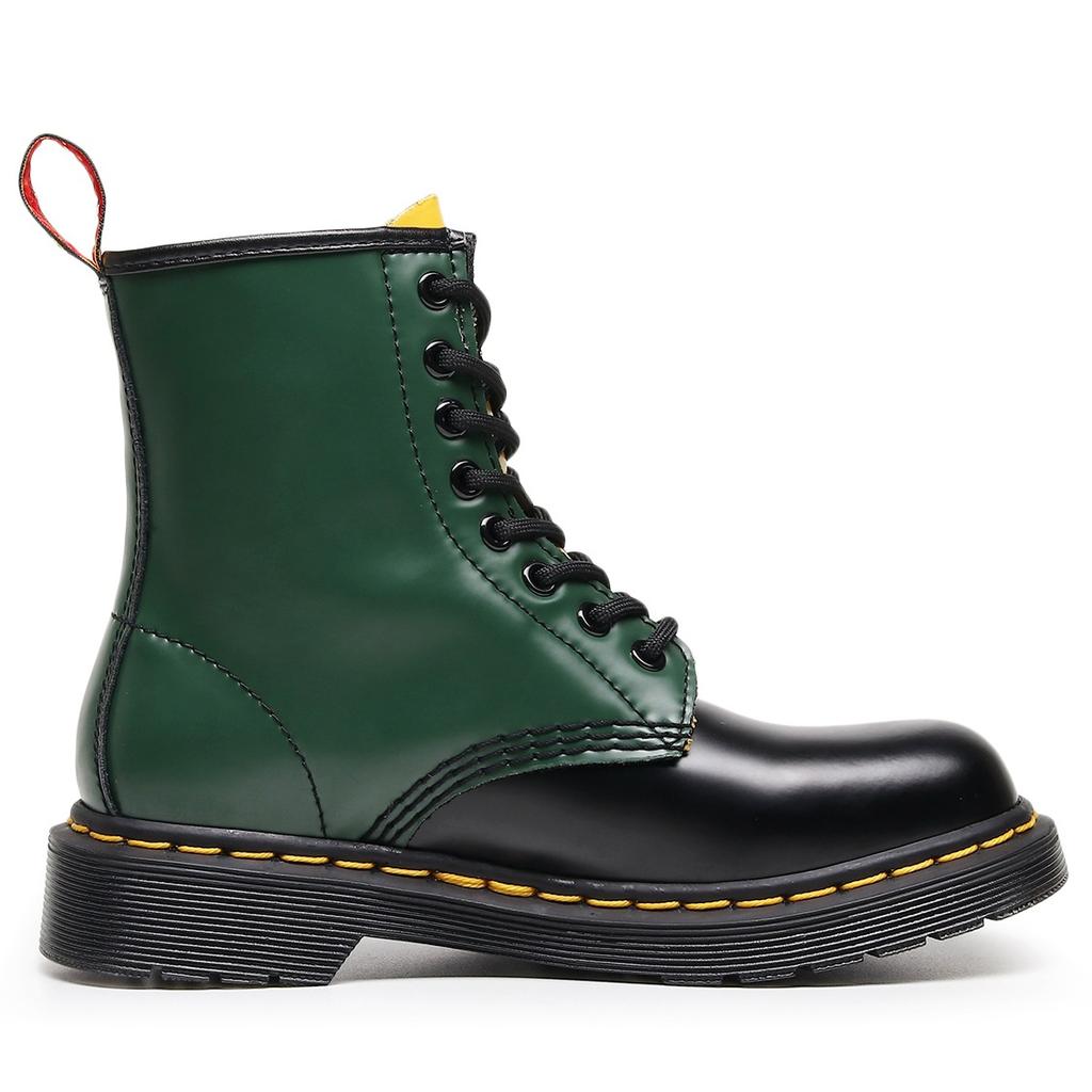 Hohe 1460 Werkzeugstiefel Damen Grün und Gelb Gespleißt Offene Kante Perle Kurze Stiefel Damen und Herren Glänzende Lederstiefel Runde Spitze Lokomotive