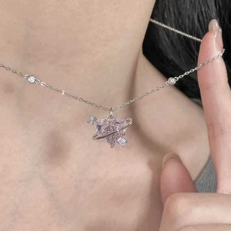 Fashion Pink Sweet Heart Zircon Necklace Women Aesthetic Clavicle Chain Necklace Valentines Day Gift Party Jewelry