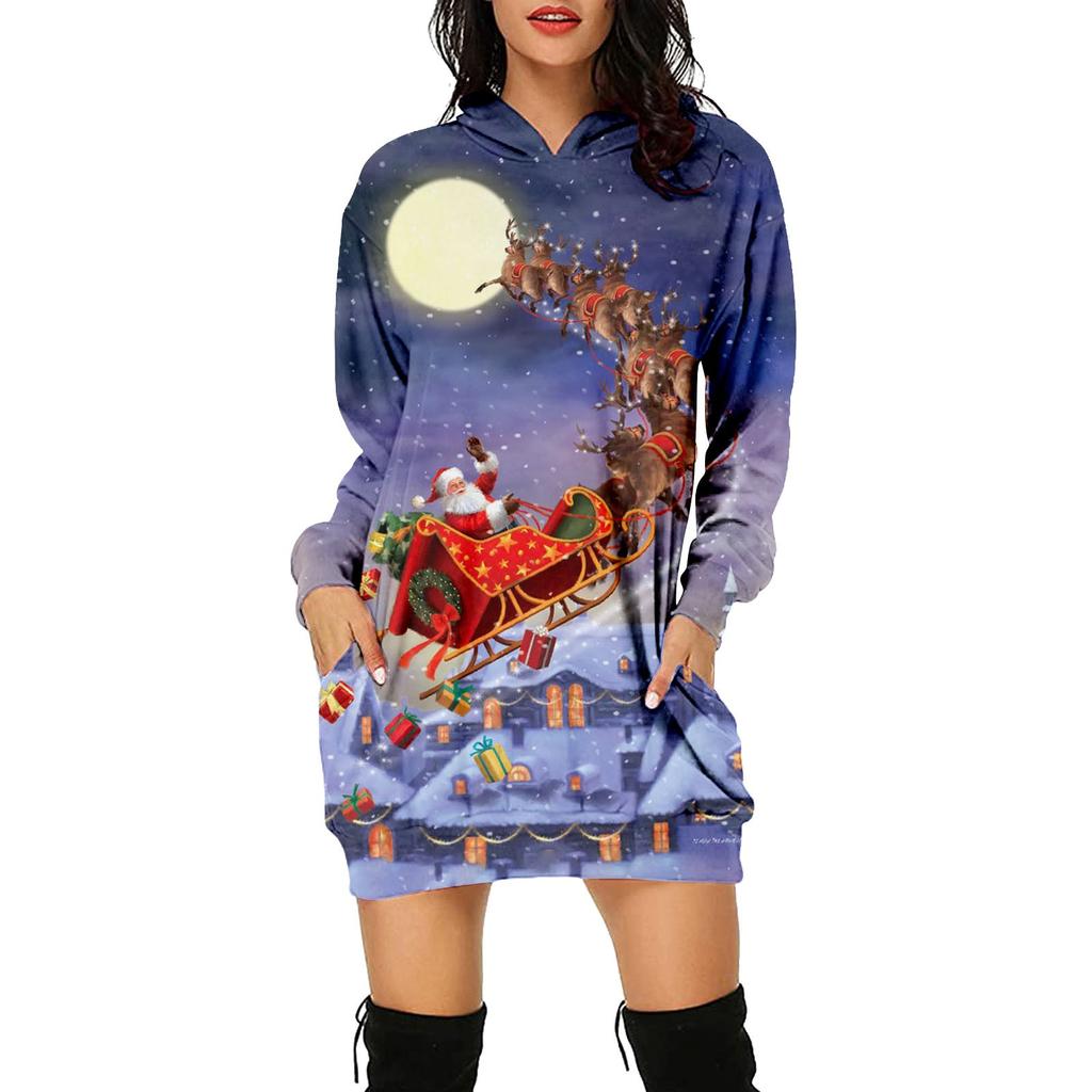 Women's Fashion Christmas Printed Pockets Long Sleeve Hoodies Pullover Dress