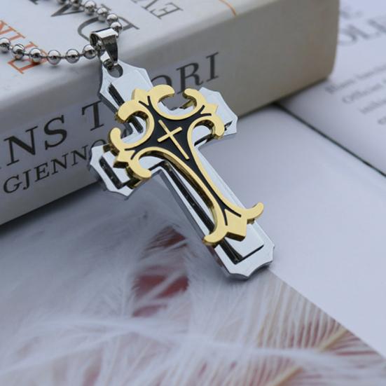 2Pcs Men Fashion Rhinestones Inlaid Jesus Cross Pendant Chain Necklace Gift