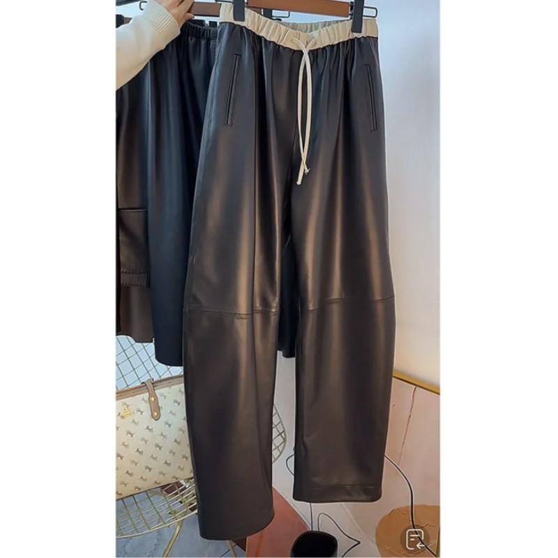 Women Autumn and Winter Pu Leather Pants Straight Loose Casual Narrow Wide-leg Pants