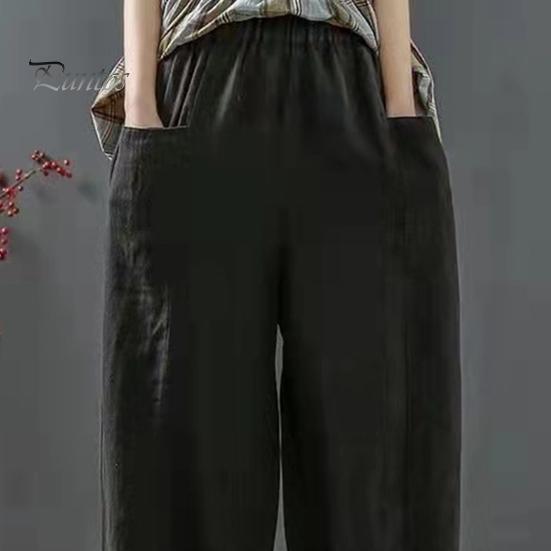 Loose Trousers Lantern Pants Summer Elastic Waist Solid Color Cotton Linen Dual Pockets Harem Ankle Length Fit Women Baggy Daily Wear Casual