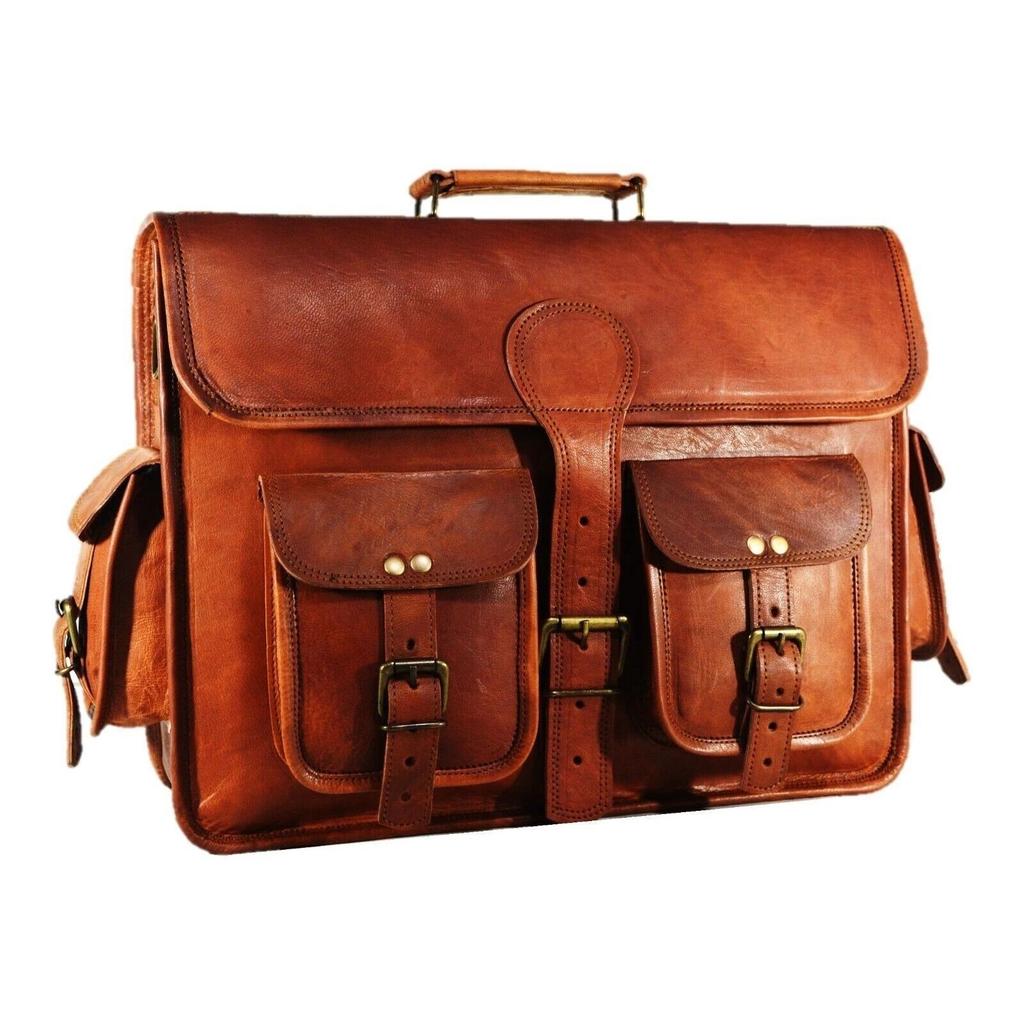 Vintage Briefcase Goat Leather Messenger Real Satchel Bag Brown Genuine Laptop
