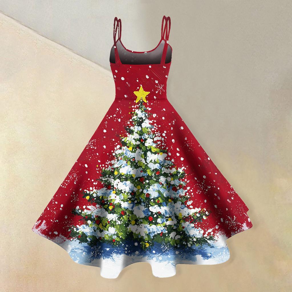 (veselé Vánoce) Dámské ležérní módní šaty s vánočním potiskem sněhové vločky/vánočního stromku/sněhuláka, s kulatým výstřihem, retro