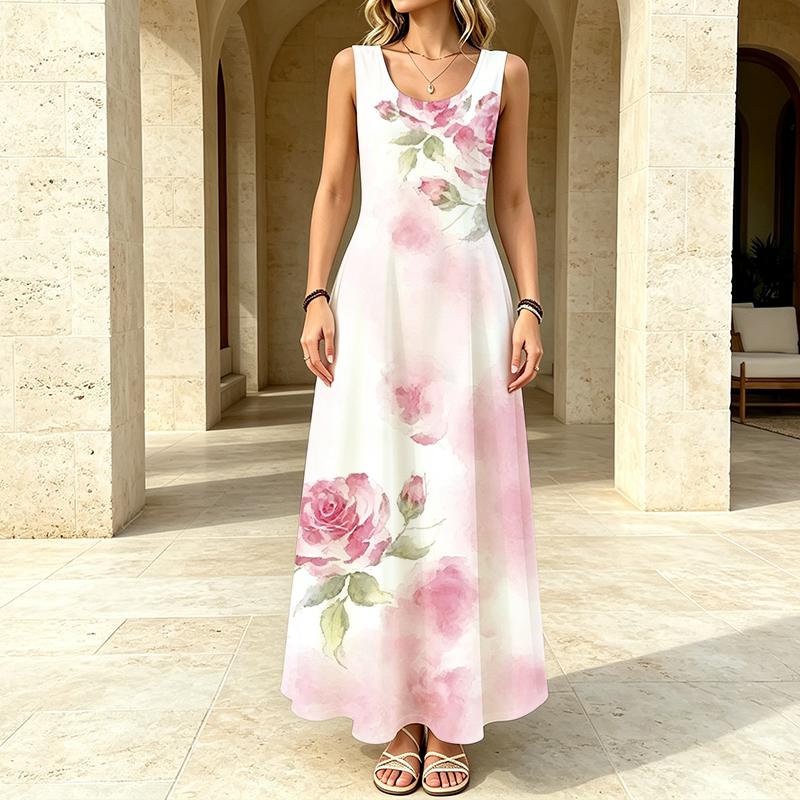 Women's Long Tank Dress Romantic Floral Sleeveless Lightweight Elegant Summer Dress for Beach Vacation Daily Outdoor & Beach Stroll