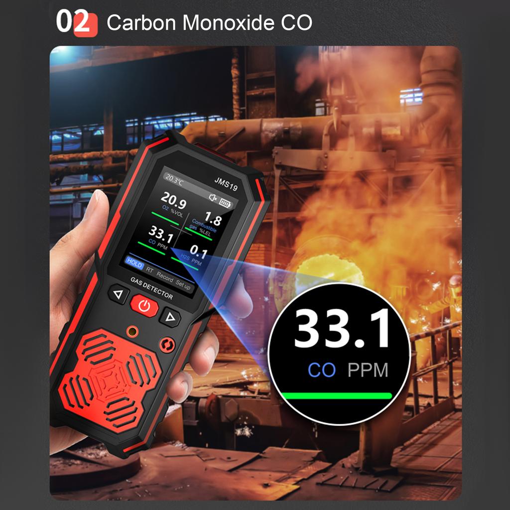 4 in 1 Gas Detector, Portable O2 LEL CO H2S Monitor with LCD Display and Backlight, Data Storage, Multi Gas Detector