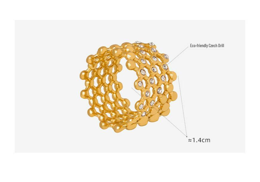 Grid Hollow Baroque 18k Gold Czech Crystal Ring, Colorfast Titanium Stainless Steel, Retro Niche Design for Women