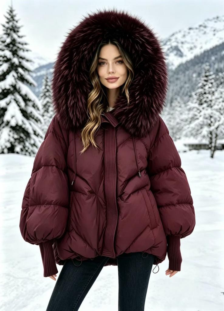 European station new white duck down big fur collar down jacket women's loose big version raccoon hair thickened hooded knitted sleeves