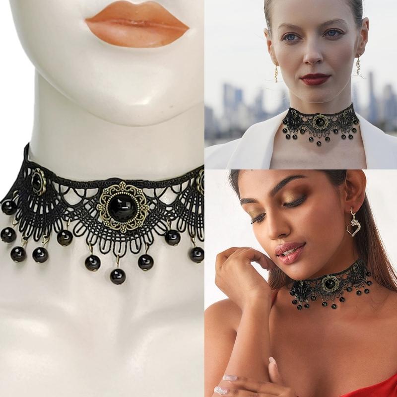 Gothic Lace Floral Choker for Women Choker Handmade Collar with Dangling Beads Adjustable for Bachelorette Party Wedding
