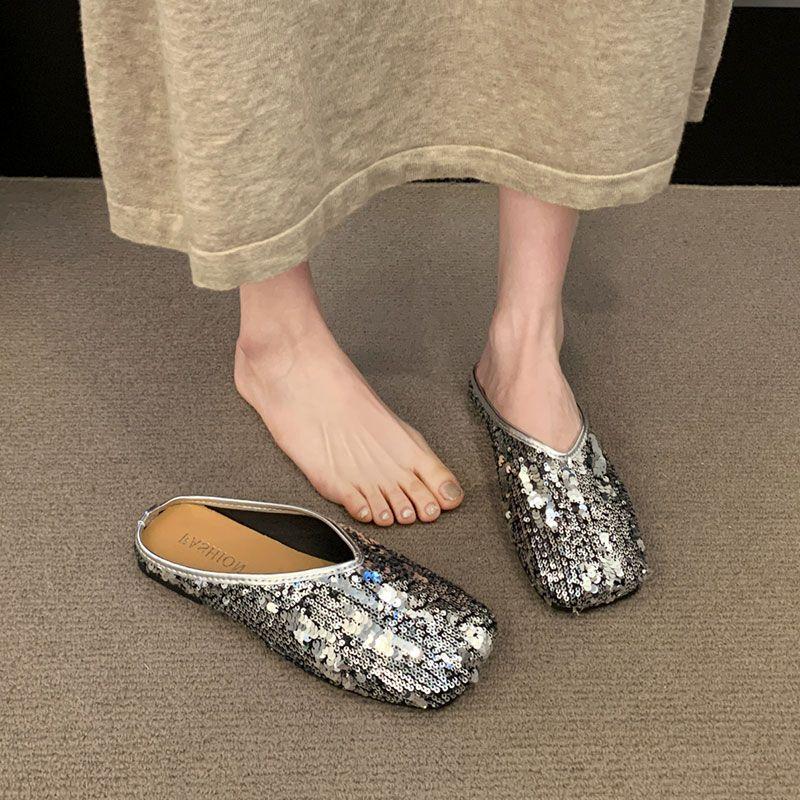 Fashion Woman Mules Slippers Flat Silver Sandals Sequins Shoes for Women Pvc Korea Style Low Price Chic and Elegant Casual 39 New Slides
