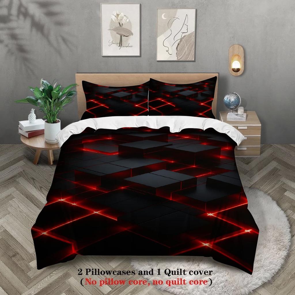 3pcs Red Glowing Geometric Cubes Print Duvet Cover Set – for Kids Gift 100%Polyester, Soft, Breathable for Bedroom Decoration