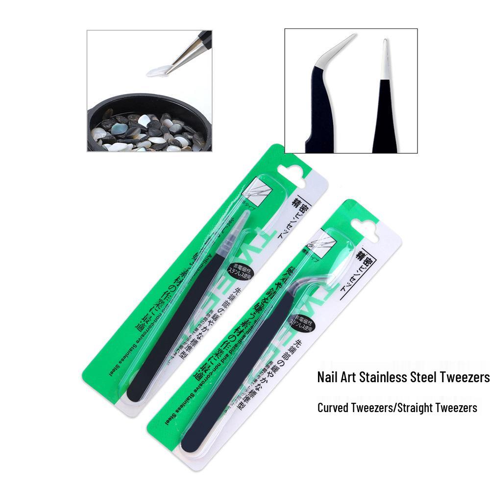 Stainless Steel Nail Art Tweezers - Black Curved & Straight Tips for Eyelash Grafting, Rhinestone/Picking Decorations, Multi-functional.