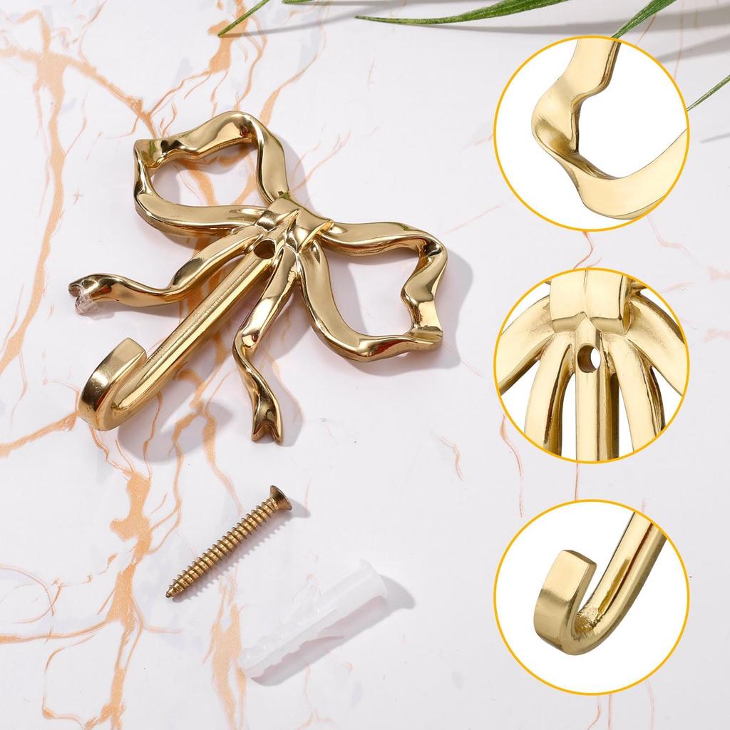 Bow Wall Hooks, 2.64x2.6 Inch Decorative Knot Brass Purse Hanger Holder Coat Rack Wall Mount Gold Vintage Multi-Purpose for Bathroom Hanging Coats